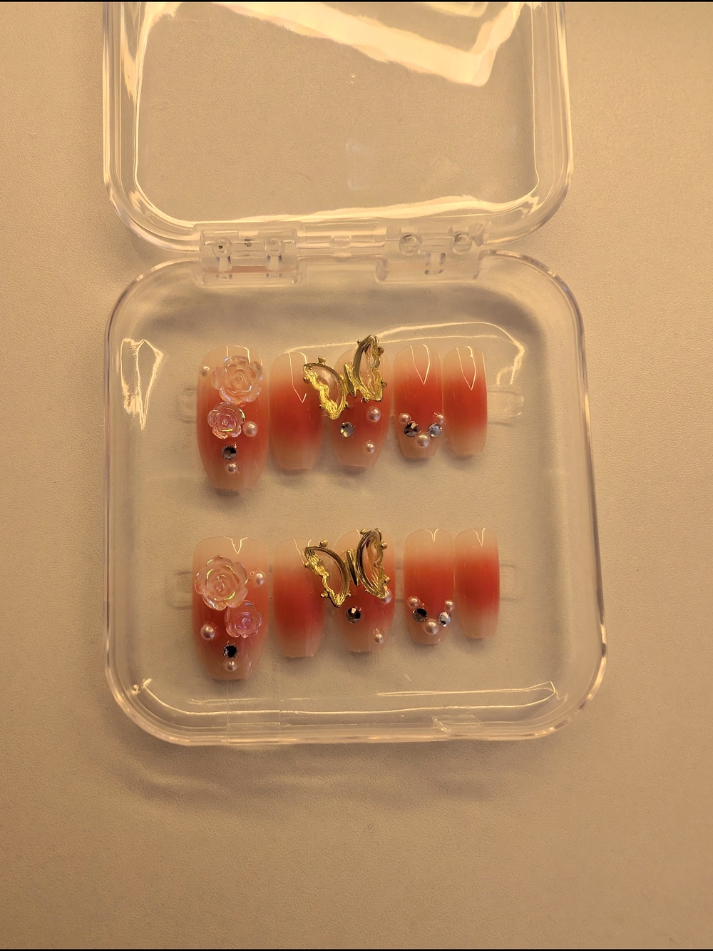 Peach Ombre Press-On Nails with Gold Butterfly & Rose Accents